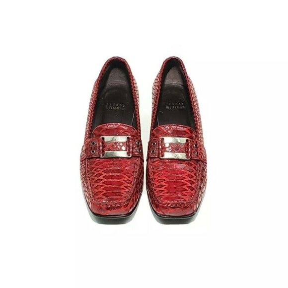 Stuart Weitzman Loafer Heel Pumps Snake Print Red Leather Womens US 7.5 M - Picture 2 of 8
